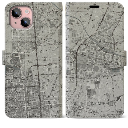 【ナゴヤドーム前矢田（愛知県）】地図柄iPhoneケース（手帳タイプ）モノトーン・iPhone 15 Plus 用
