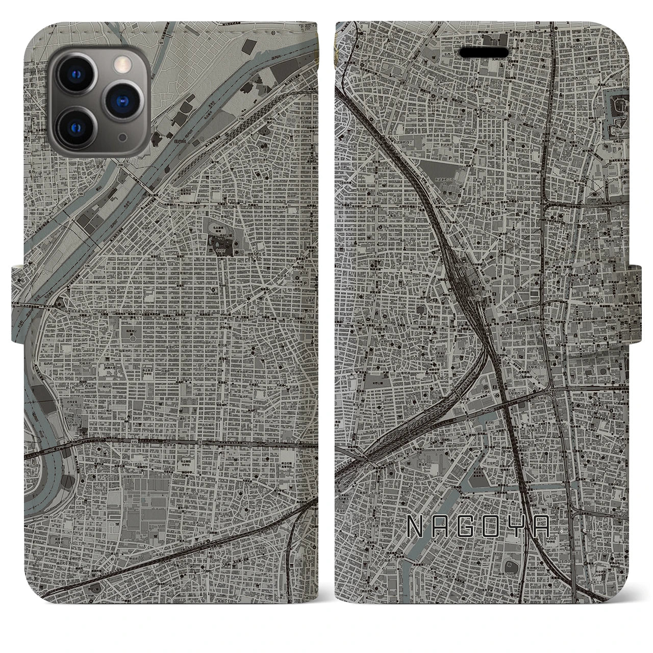 【名古屋2】地図柄iPhoneケース（手帳両面タイプ・モノトーン）iPhone 11 Pro Max 用