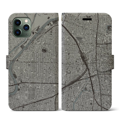 【名古屋2（愛知県）】地図柄iPhoneケース（手帳タイプ）モノトーン・iPhone 11 Pro 用