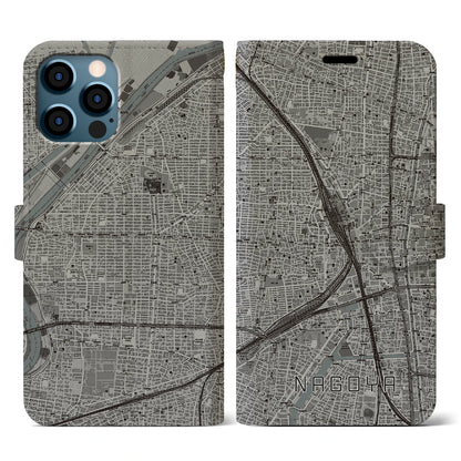 【名古屋2（愛知県）】地図柄iPhoneケース（手帳タイプ）モノトーン・iPhone 12 / 12 Pro 用