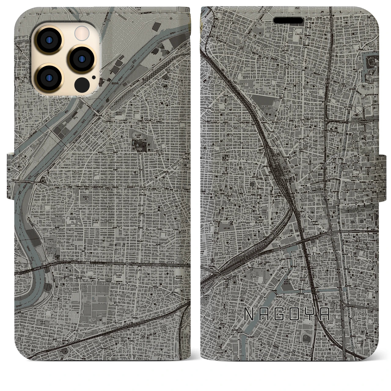 【名古屋2】地図柄iPhoneケース（手帳両面タイプ・モノトーン）iPhone 12 Pro Max 用