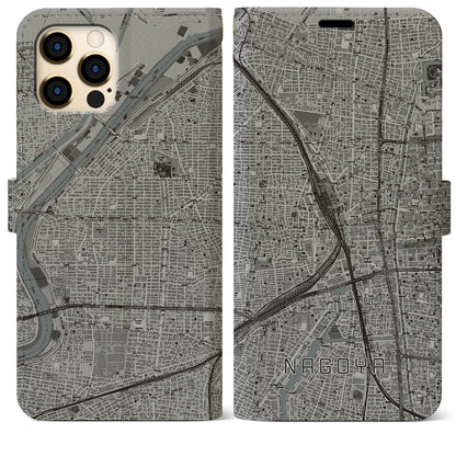 【名古屋2（愛知県）】地図柄iPhoneケース（手帳タイプ）モノトーン・iPhone 12 Pro Max 用