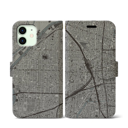 【名古屋2（愛知県）】地図柄iPhoneケース（手帳タイプ）モノトーン・iPhone 12 mini 用