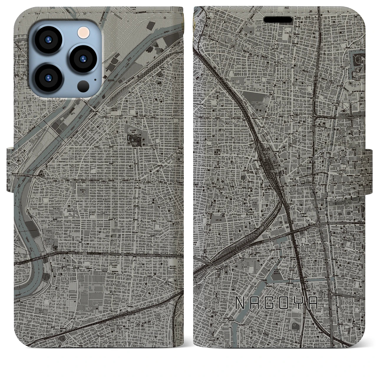 【名古屋2】地図柄iPhoneケース（手帳両面タイプ・モノトーン）iPhone 13 Pro Max 用