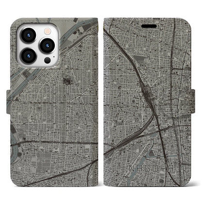 【名古屋2（愛知県）】地図柄iPhoneケース（手帳タイプ）モノトーン・iPhone 13 Pro 用