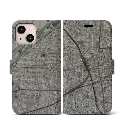 【名古屋2（愛知県）】地図柄iPhoneケース（手帳タイプ）モノトーン・iPhone 13 mini 用