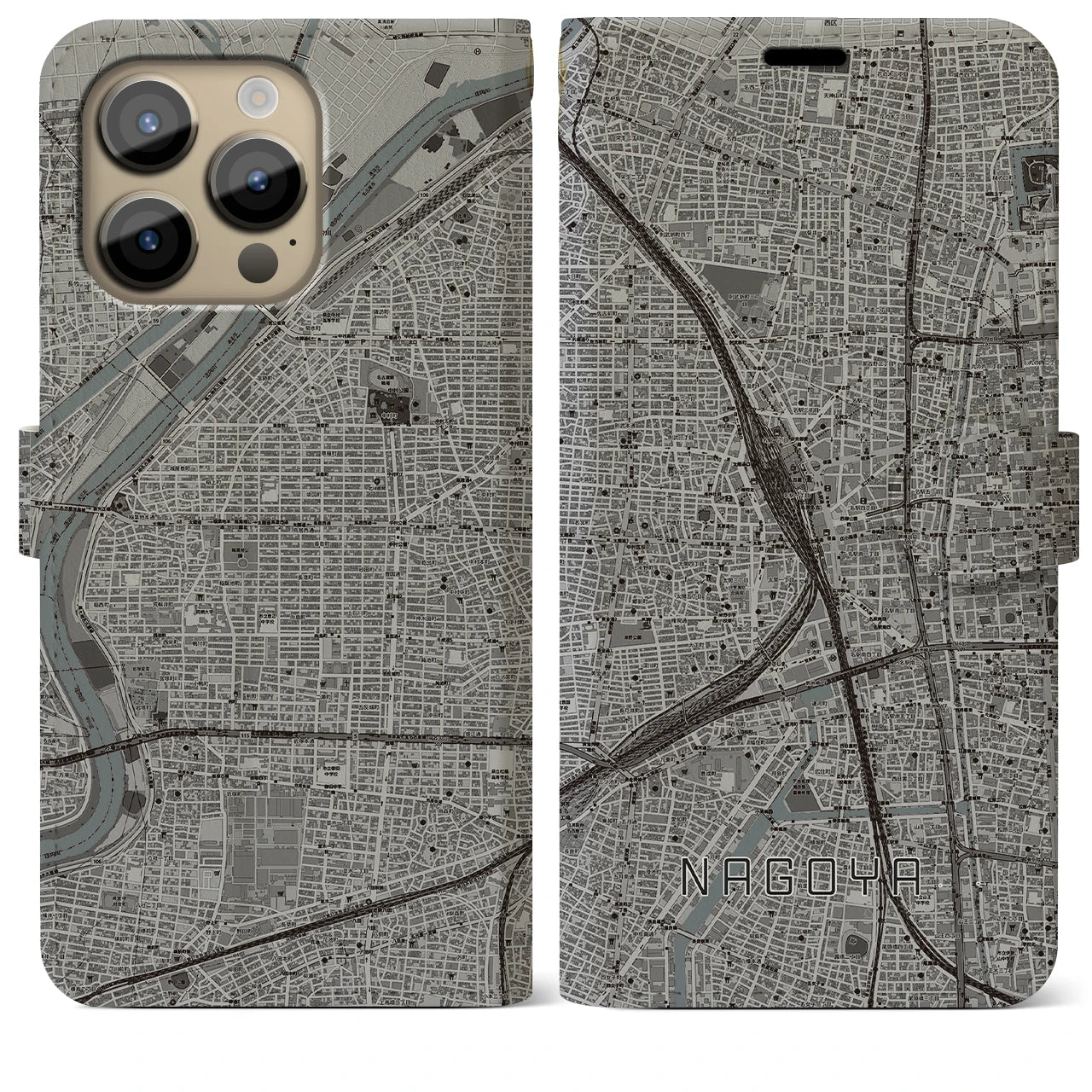 【名古屋2】地図柄iPhoneケース（手帳両面タイプ・モノトーン）iPhone 14 Pro Max 用