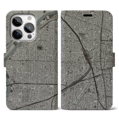 【名古屋2（愛知県）】地図柄iPhoneケース（手帳タイプ）モノトーン・iPhone 14 Pro 用