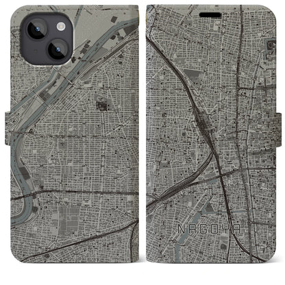 【名古屋2（愛知県）】地図柄iPhoneケース（手帳タイプ）モノトーン・iPhone 14 Plus 用