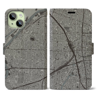 【名古屋2（愛知県）】地図柄iPhoneケース（手帳タイプ）モノトーン・iPhone 15 用