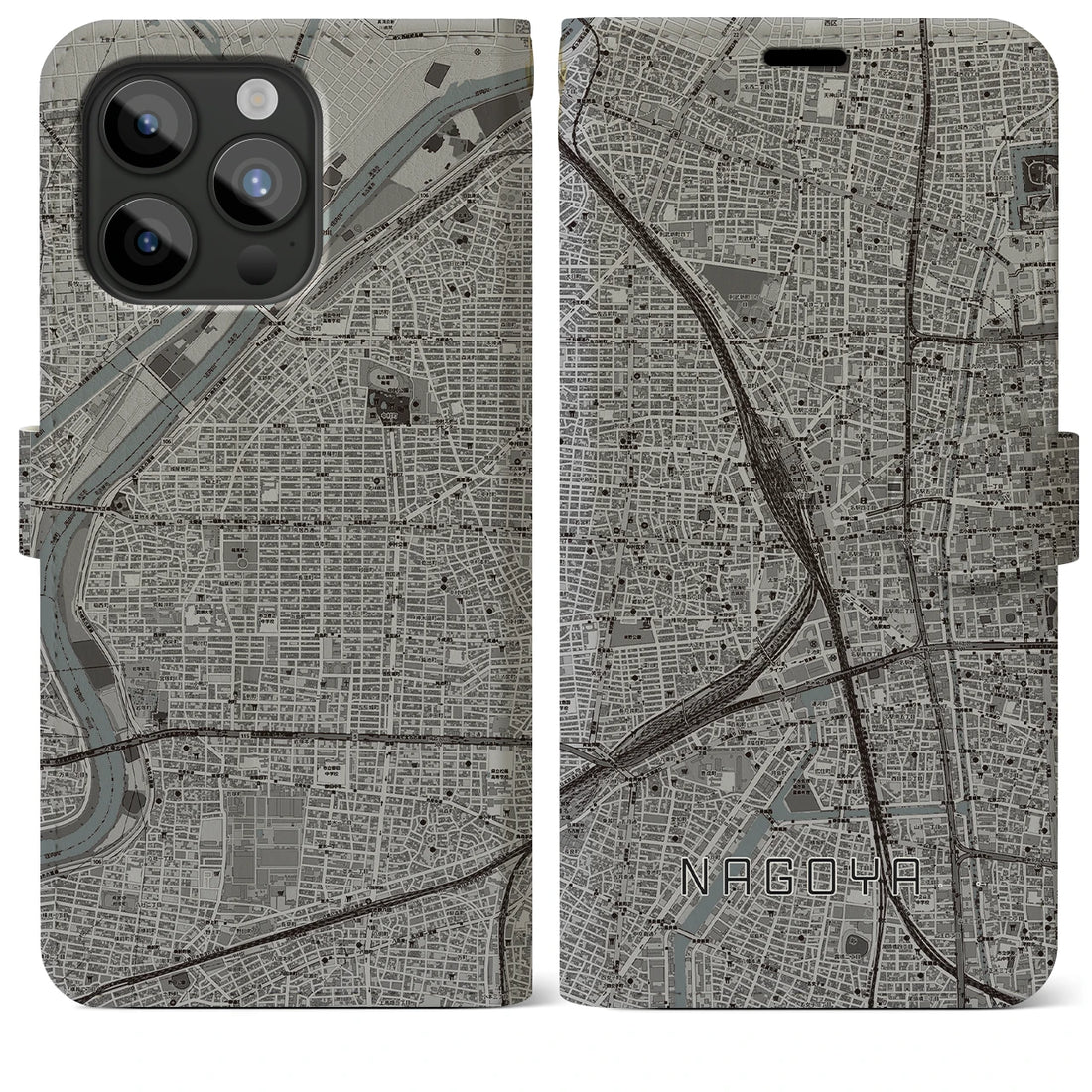 【名古屋2】地図柄iPhoneケース（手帳両面タイプ・モノトーン）iPhone 15 Pro Max 用