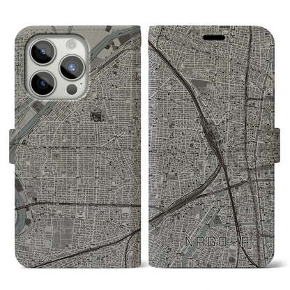 【名古屋2（愛知県）】地図柄iPhoneケース（手帳タイプ）モノトーン・iPhone 15 Pro 用