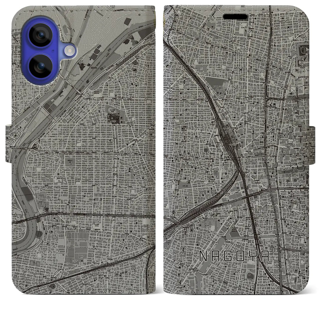 【名古屋2(愛知県)】地図柄iPhoneケース(手帳タイプ)モノトーン・iPhone 16 Pro Max 用