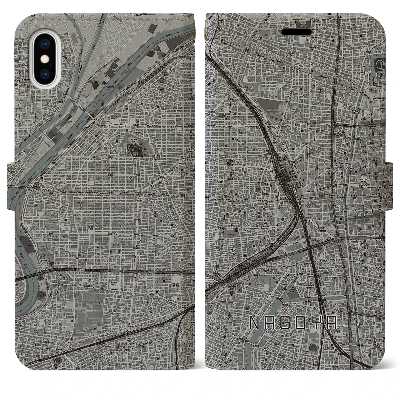 【名古屋2】地図柄iPhoneケース（手帳両面タイプ・モノトーン）iPhone XS Max 用