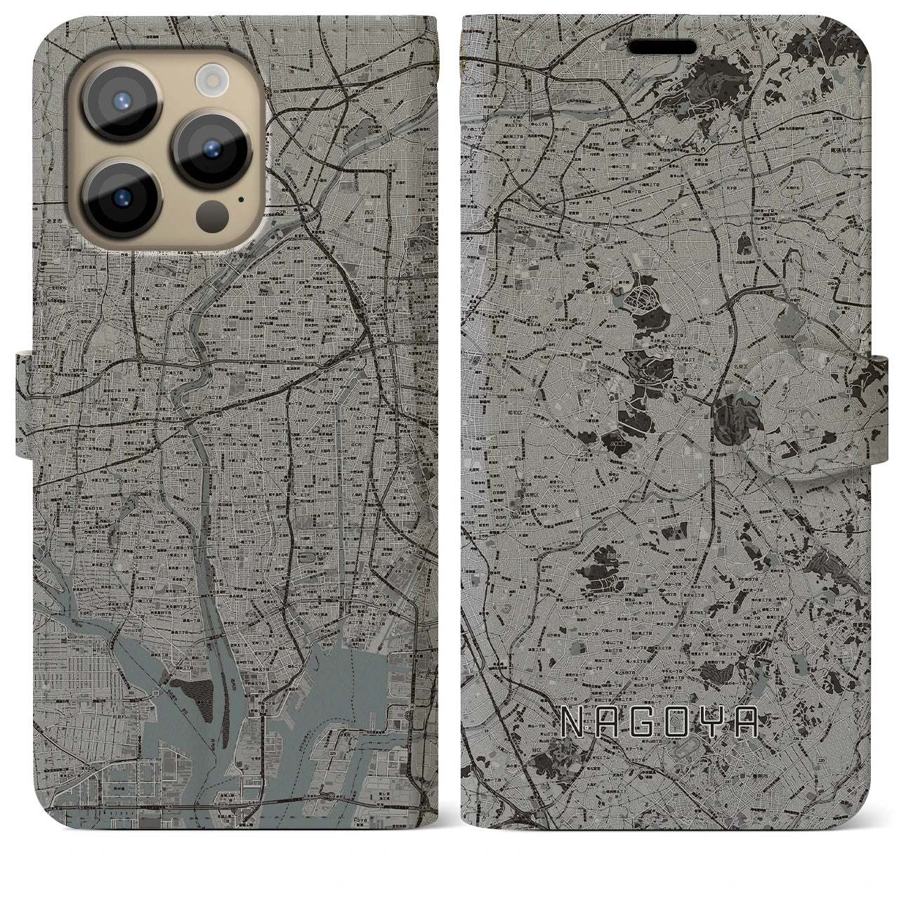 【名古屋】地図柄iPhoneケース（手帳両面タイプ・モノトーン）iPhone 14 Pro Max 用
