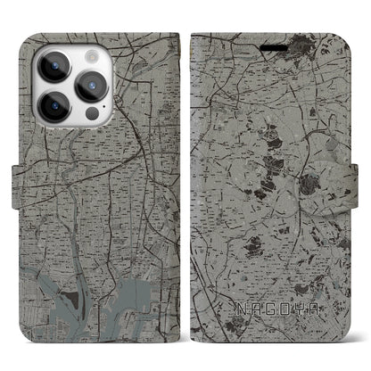 【名古屋（愛知県）】地図柄iPhoneケース（手帳タイプ）モノトーン・iPhone 14 Pro 用