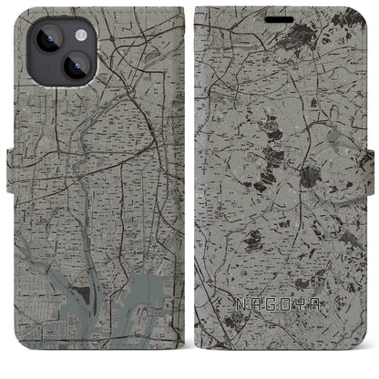 【名古屋（愛知県）】地図柄iPhoneケース（手帳タイプ）モノトーン・iPhone 14 Plus 用