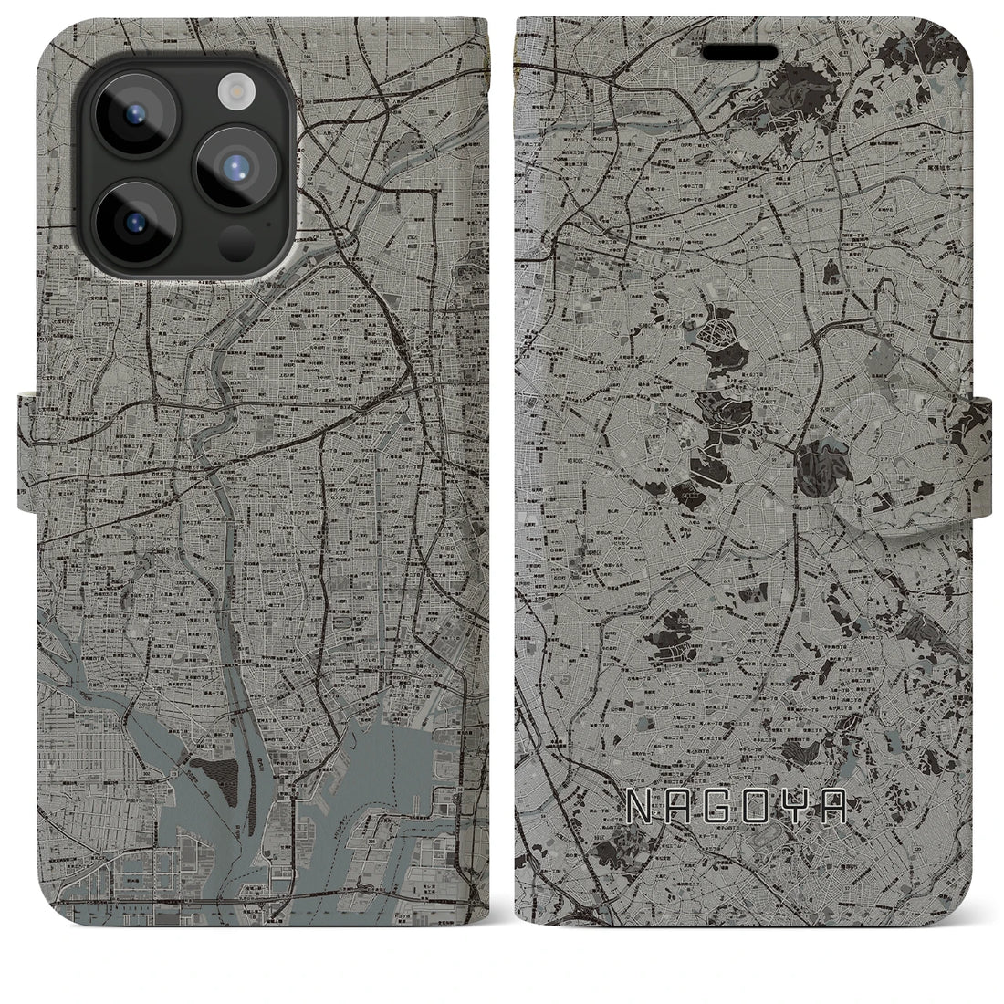 【名古屋】地図柄iPhoneケース（手帳両面タイプ・モノトーン）iPhone 15 Pro Max 用