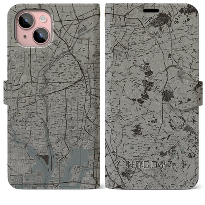 【名古屋（愛知県）】地図柄iPhoneケース（手帳タイプ）モノトーン・iPhone 15 Plus 用