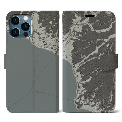 【奈半利（高知県）】地図柄iPhoneケース（手帳タイプ）モノトーン・iPhone 12 / 12 Pro 用