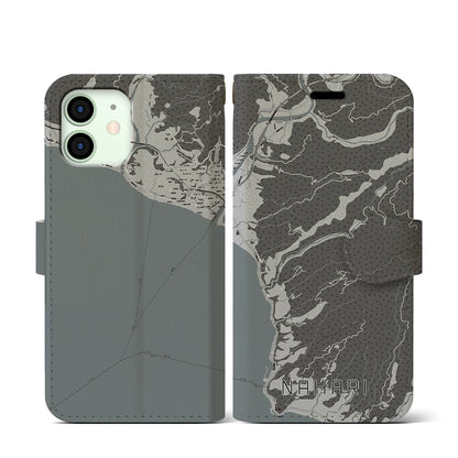 【奈半利（高知県）】地図柄iPhoneケース（手帳タイプ）モノトーン・iPhone 12 mini 用