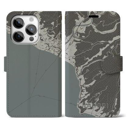 【奈半利（高知県）】地図柄iPhoneケース（手帳タイプ）モノトーン・iPhone 14 Pro 用