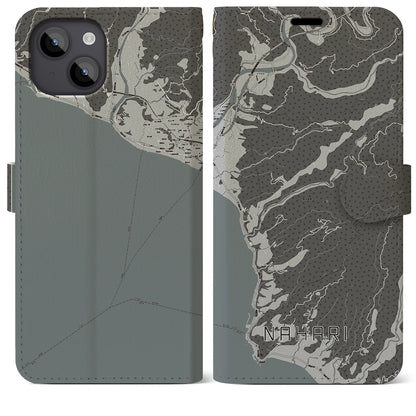 【奈半利（高知県）】地図柄iPhoneケース（手帳タイプ）モノトーン・iPhone 14 Plus 用