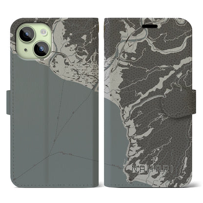 【奈半利（高知県）】地図柄iPhoneケース（手帳タイプ）モノトーン・iPhone 15 用