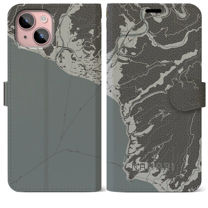 【奈半利（高知県）】地図柄iPhoneケース（手帳タイプ）モノトーン・iPhone 15 Plus 用