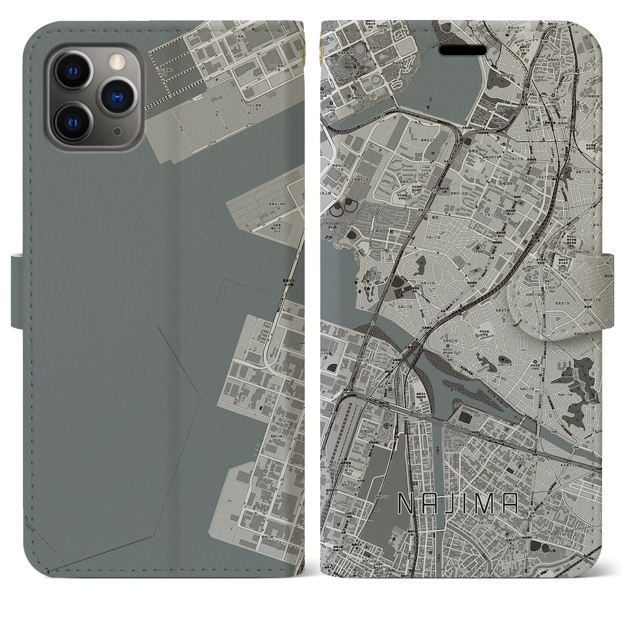 【名島】地図柄iPhoneケース（手帳両面タイプ・モノトーン）iPhone 11 Pro Max 用