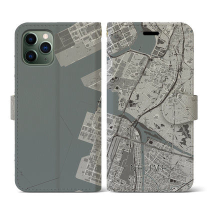 【名島（福岡県）】地図柄iPhoneケース（手帳タイプ）モノトーン・iPhone 11 Pro 用