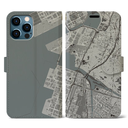 【名島（福岡県）】地図柄iPhoneケース（手帳タイプ）モノトーン・iPhone 12 / 12 Pro 用