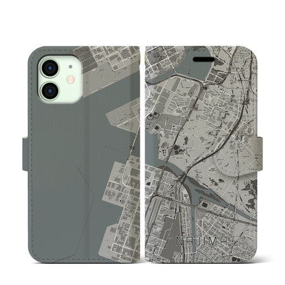 【名島（福岡県）】地図柄iPhoneケース（手帳タイプ）モノトーン・iPhone 12 mini 用