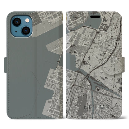 【名島（福岡県）】地図柄iPhoneケース（手帳タイプ）モノトーン・iPhone 13 用