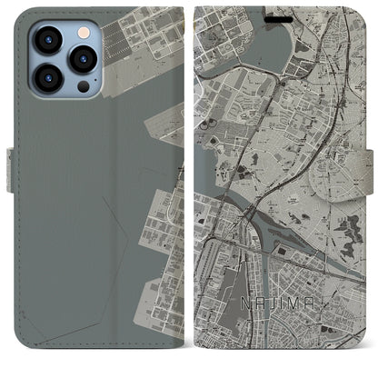 【名島（福岡県）】地図柄iPhoneケース（手帳タイプ）モノトーン・iPhone 13 Pro Max 用