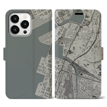 【名島（福岡県）】地図柄iPhoneケース（手帳タイプ）モノトーン・iPhone 13 Pro 用