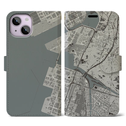 【名島（福岡県）】地図柄iPhoneケース（手帳タイプ）モノトーン・iPhone 14 用