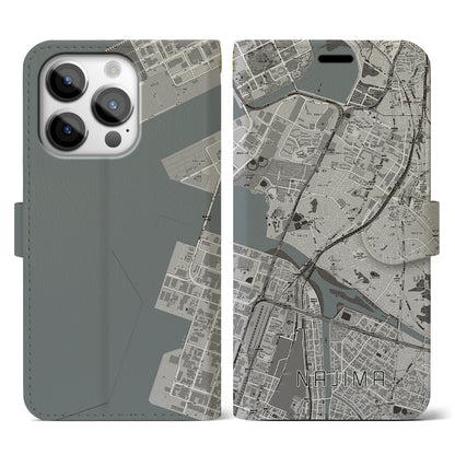 【名島（福岡県）】地図柄iPhoneケース（手帳タイプ）モノトーン・iPhone 14 Pro 用