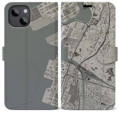 【名島（福岡県）】地図柄iPhoneケース（手帳タイプ）モノトーン・iPhone 14 Plus 用