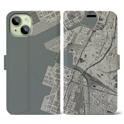 【名島（福岡県）】地図柄iPhoneケース（手帳タイプ）モノトーン・iPhone 15 用
