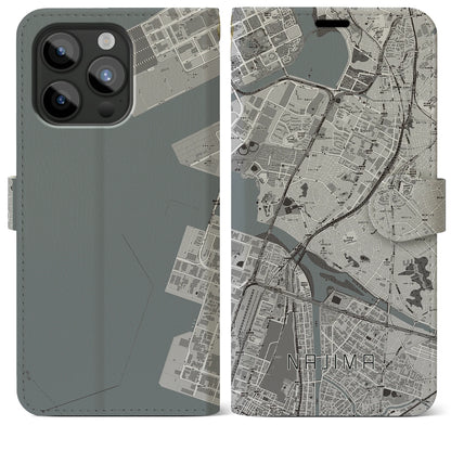 【名島（福岡県）】地図柄iPhoneケース（手帳タイプ）モノトーン・iPhone 15 Pro Max 用