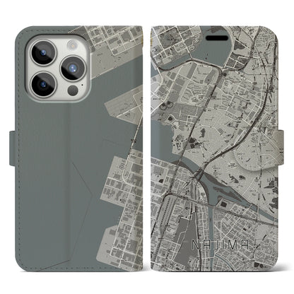 【名島（福岡県）】地図柄iPhoneケース（手帳タイプ）モノトーン・iPhone 15 Pro 用