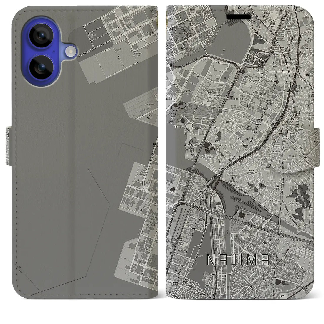 【名島(福岡県)】地図柄iPhoneケース(手帳タイプ)モノトーン・iPhone 16 Pro Max 用