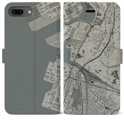 【名島（福岡県）】地図柄iPhoneケース（手帳タイプ）モノトーン・iPhone 8Plus /7Plus / 6sPlus / 6Plus 用