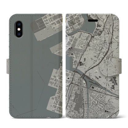 【名島（福岡県）】地図柄iPhoneケース（手帳タイプ）モノトーン・iPhone XS / X 用