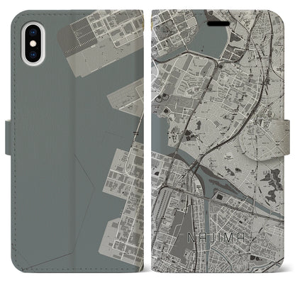 【名島（福岡県）】地図柄iPhoneケース（手帳タイプ）モノトーン・iPhone XS Max 用
