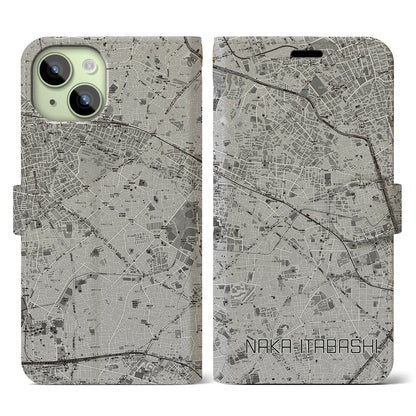 【中板橋（東京都）】地図柄iPhoneケース（手帳タイプ）モノトーン・iPhone 15 用