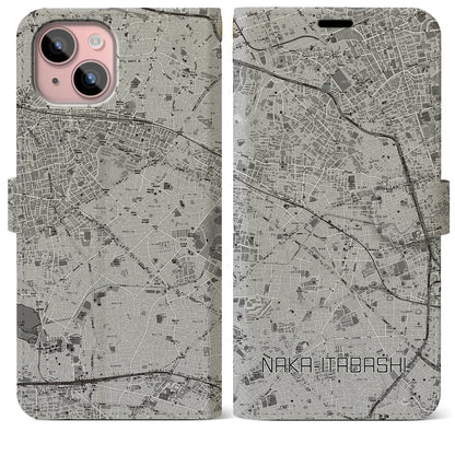 【中板橋（東京都）】地図柄iPhoneケース（手帳タイプ）モノトーン・iPhone 15 Plus 用