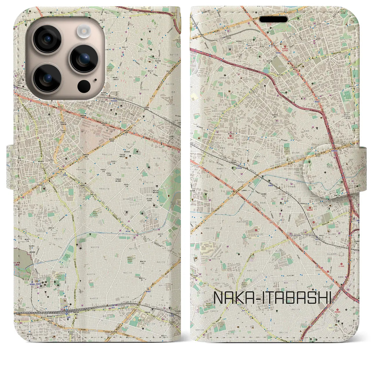 【中板橋（東京都）】地図柄iPhoneケース（手帳タイプ）ナチュラル・iPhone 16 Plus 用