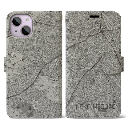 【中目黒（東京都）】地図柄iPhoneケース（手帳タイプ）モノトーン・iPhone 14 用
